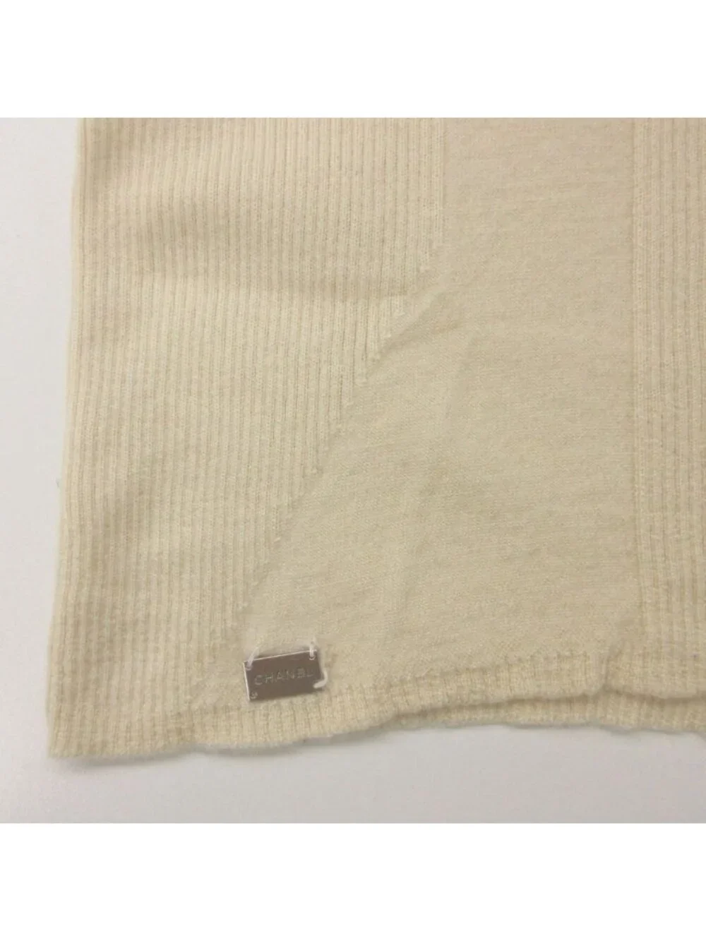 Chanel Knit Logo Plate Cashmere Silk Rib Contrast Short Sleeve Top Light Beige